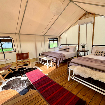 Double safari tent for couples at Rancho Moonrise glamping ranch near Austin
