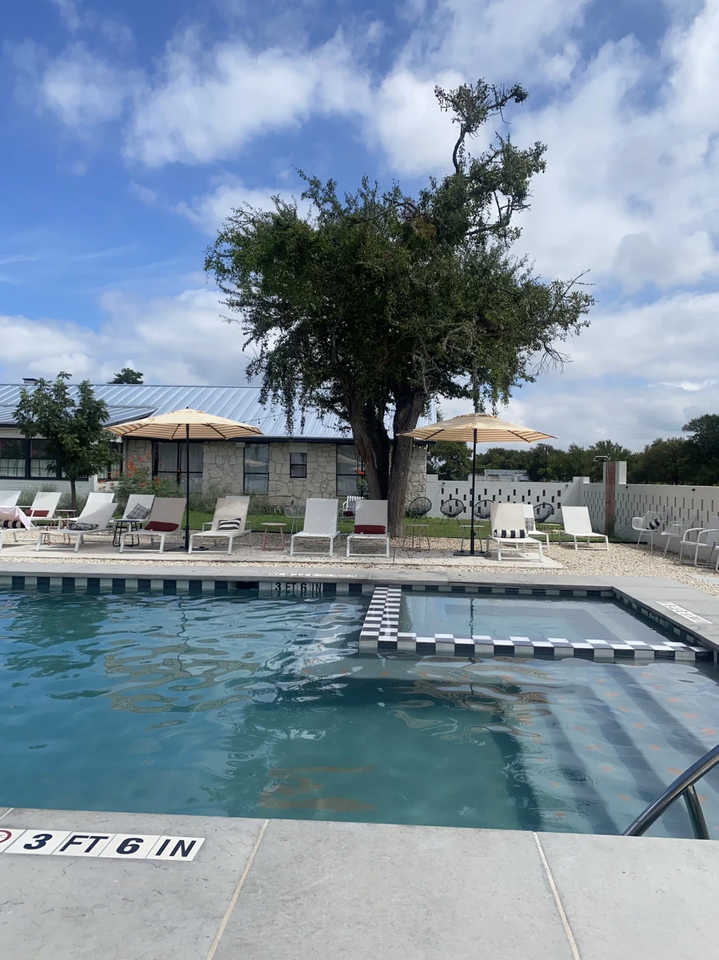 Pool with umbrellas clustered under a large shade tree at Rancho Moonrise